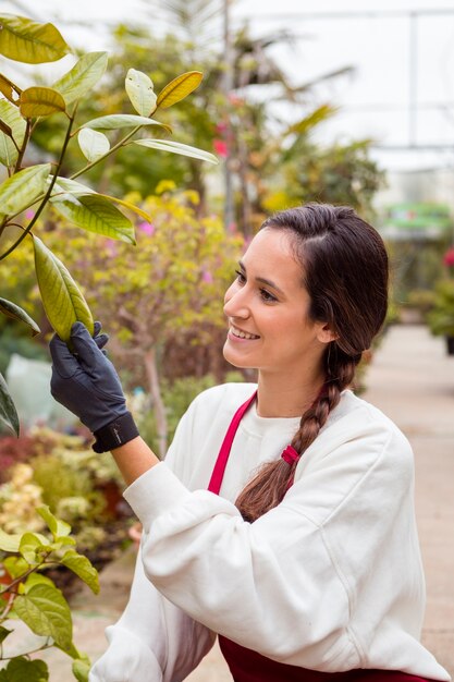 Donna sorridente che indossa vestiti di giardinaggio e piante commoventi in serra