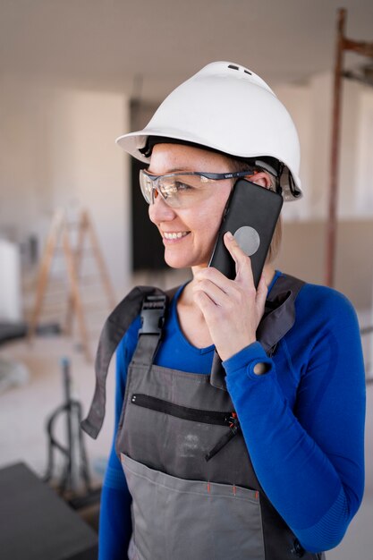 Donna sorridente che parla sul colpo medio del telefono