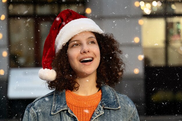 Donna sorridente del colpo medio che canta all'aperto