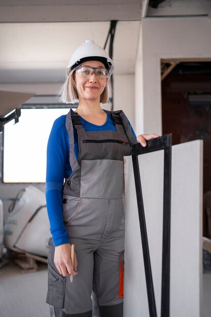 Donna sorridente del colpo medio con il casco al lavoro