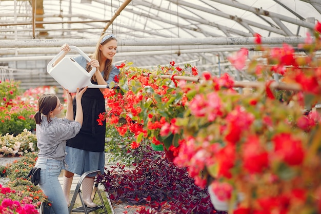 Donne che lavorano in una serra con vasi di fiori