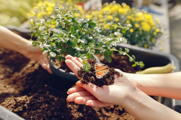 Donne che lavorano in una serra con vasi di fiori