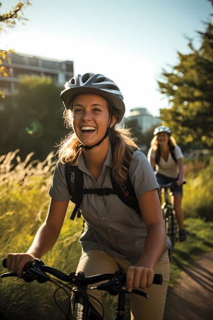 Donne con vista laterale che vanno in bicicletta all'aperto