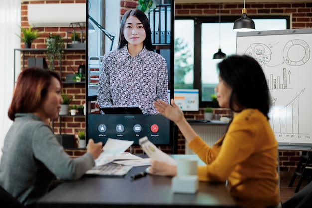 Donne d'affari che discutono delle statistiche aziendali con il manager remoto durante la conferenza di videochiamata online nell'ufficio di avvio. Team di gestione che spiega la strategia aziendale. Teleconferenza