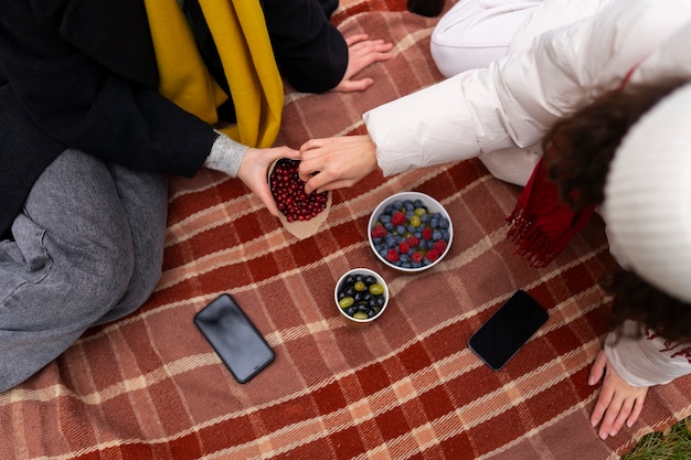 Donne dell'angolo alto che hanno picnic nel parco