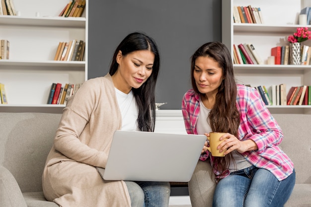 Donne di angolo basso che osservano computer portatile