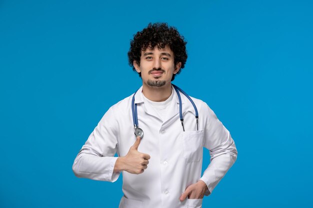 Dottori giorno ricci bel ragazzo carino in uniforme medica che tiene un buon gesto