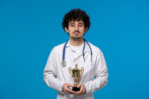 Dottori giorno ricci bel ragazzo carino in uniforme medica con in mano un trofeo d'oro