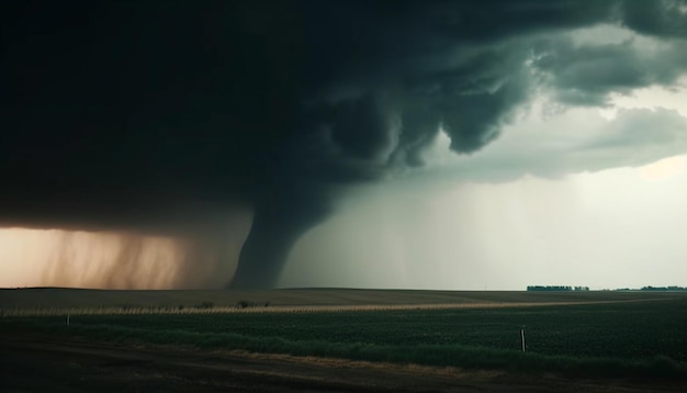 Drammatico temporale sul paesaggio montano rurale al tramonto generato dall'intelligenza artificiale