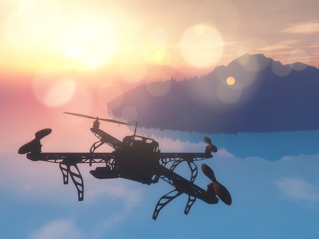 Drone 3D che sorvola l&#39;oceano con un cielo al tramonto
