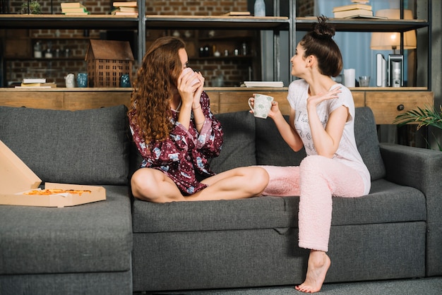 Due amici femminili che bevono caffè a casa