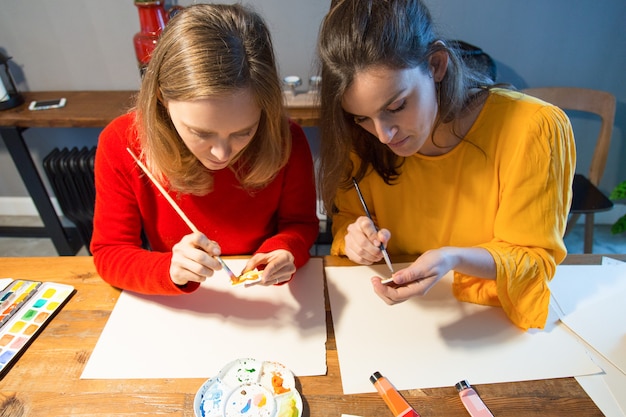 Due artisti seri che lavorano con il pennello e la tavolozza