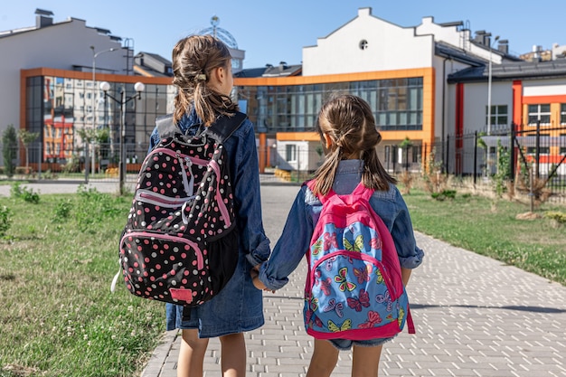 Due bambine vanno a scuola, tenendosi per mano, vista posteriore.