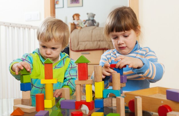 Due bambini tranquilli che giocano con i giocattoli di legno