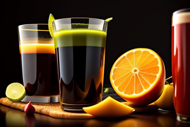 Due bicchieri di succo d'arancia con una fetta di arancia sul lato.