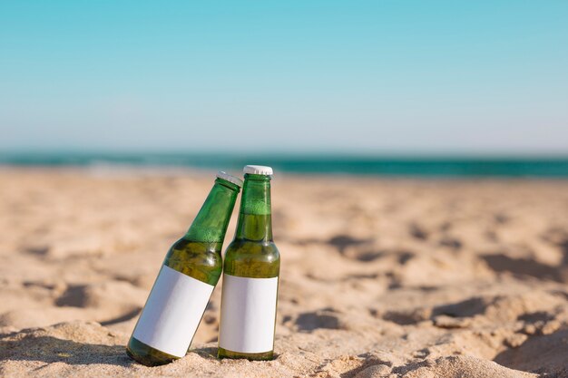 Due bottiglie di birra sulla spiaggia di sabbia