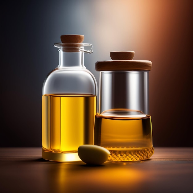 Due bottiglie di olio d'oliva e una bottiglia di olio d'oliva siedono su un tavolo di legno.