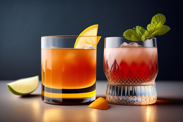 Due cocktail su un tavolo con uno spicchio di lime sul lato.