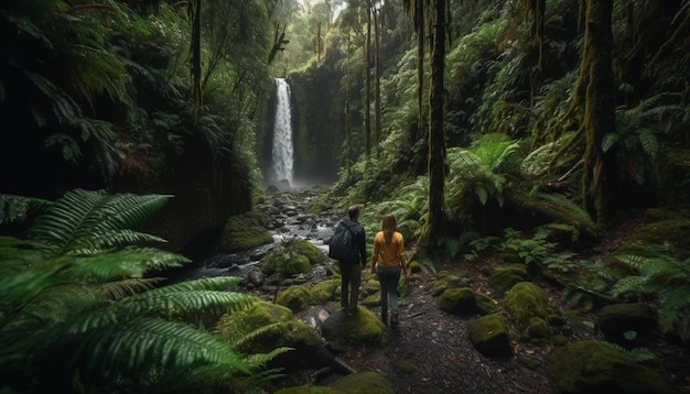 Due escursionisti esplorano gli zaini della foresta pluviale tropicale al seguito generati dall'intelligenza artificiale