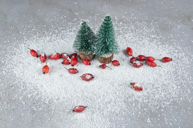 Due figurine dell'albero di Natale e un mazzo di fianchi sulla polvere di cocco sulla superficie di marmo