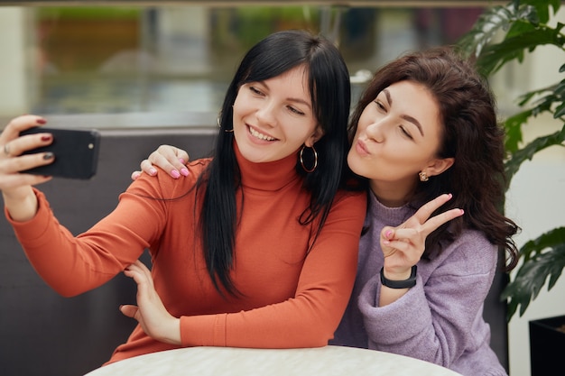 Due giovani donne che prendono selfie in caffè mentre sedendosi al tavolo, sorridendo e mostrando il segno di v, amici trascorrere del tempo insieme.