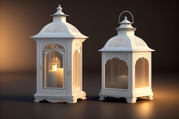 Due lanterne bianche con candele su sfondo scuro.