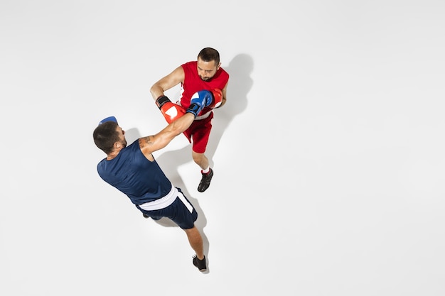 Due pugili professionisti boxe isolati su sfondo bianco studio, azione, vista dall'alto. Coppia di atleti caucasici muscolosi in forma combattimenti.