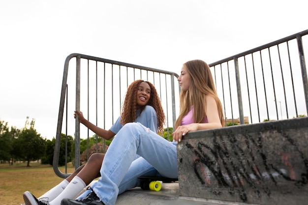 Due ragazze adolescenti trascorrono del tempo insieme alla pista di pattinaggio
