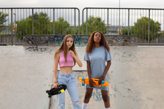 Due ragazze adolescenti trascorrono del tempo insieme nel parco della pista di pattinaggio