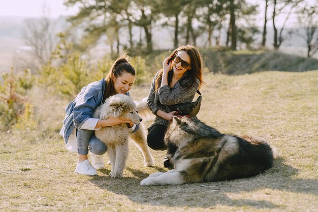 Due ragazze alla moda in un campo soleggiato con i cani