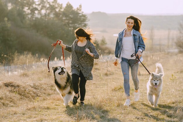 Due ragazze alla moda in un campo soleggiato con i cani