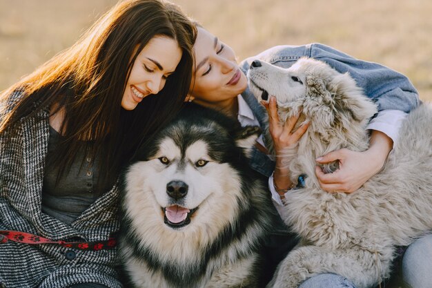 Due ragazze alla moda in un campo soleggiato con i cani