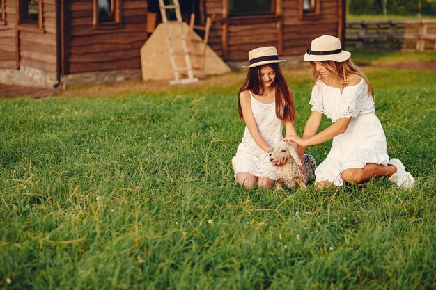 Due ragazze carine in un campo con capre