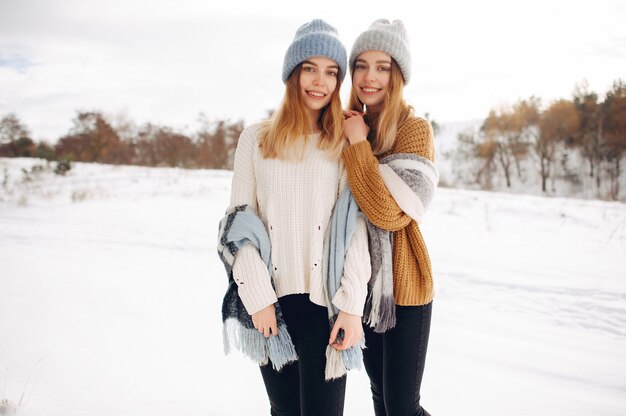 Due ragazze carine in un parco d&#39;inverno