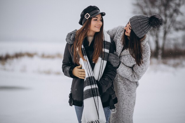 Due ragazze che camminano insieme in un parco di inverno