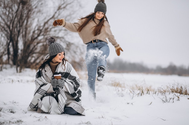 Due ragazze che camminano insieme in un parco di inverno