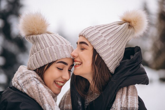 Due ragazze gemelli insieme nel parco di inverno