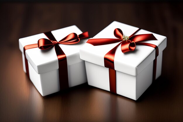 Due scatole regalo bianche con nastri rossi e una dice "ti amo" in cima