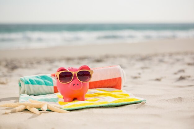 Due stelle marine e salvadanaio con occhiali da sole sulla spiaggia coperta