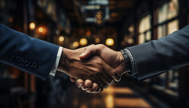 Due uomini d'affari si stringono la mano in un accordo commerciale di successo generato dall'intelligenza artificiale