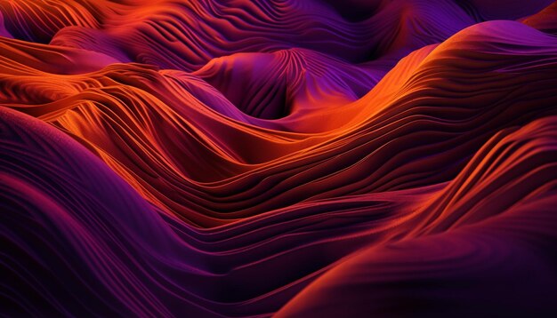 Dune di sabbia viola incandescente si increspano in movimento generato dall'intelligenza artificiale