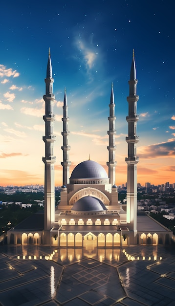 Edificio e architettura complessa della moschea con paesaggio celeste e nuvole