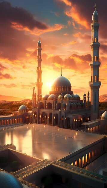 Edificio e architettura intricata della moschea con paesaggio di nuvole e cielo