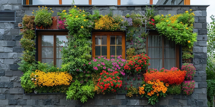 Foto gratuito edificio in mattoni con finestra adornata di fiori in giallo arancione e verde