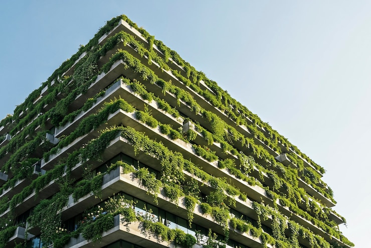 Foto gratuito edificio verde con lussureggiante giardino verticale