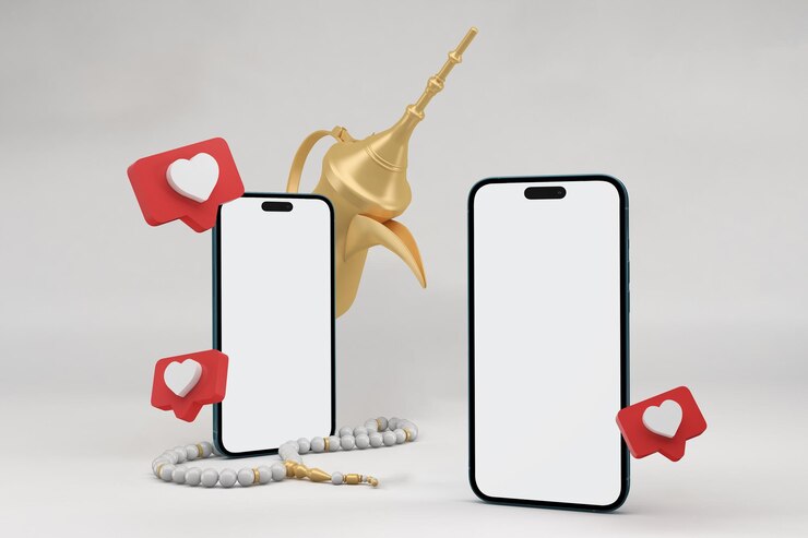 Foto gratuito eid social media telefoni prospettiva laterale in sfondo bianco
