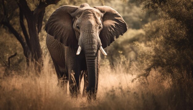 Elefante africano che cammina attraverso il tranquillo paesaggio della savana generato dall'intelligenza artificiale