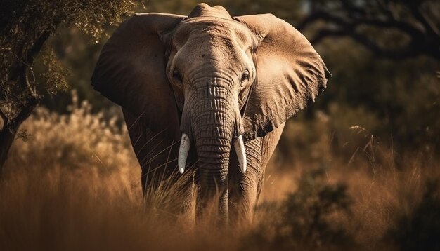 Elefante africano che cammina in un paesaggio di praterie incolte generato dall'intelligenza artificiale