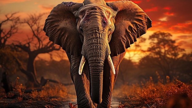Elefante nella savana al tramonto
