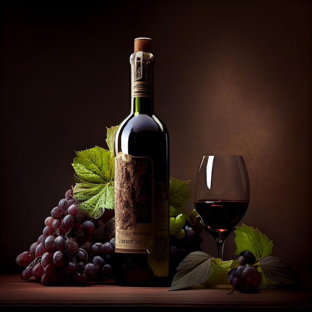 Elegante bottiglia di vino e coppa con uva AI generativa